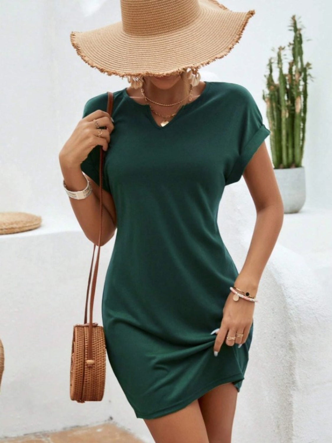 Notched Short Sleeve Mini Tee Dress