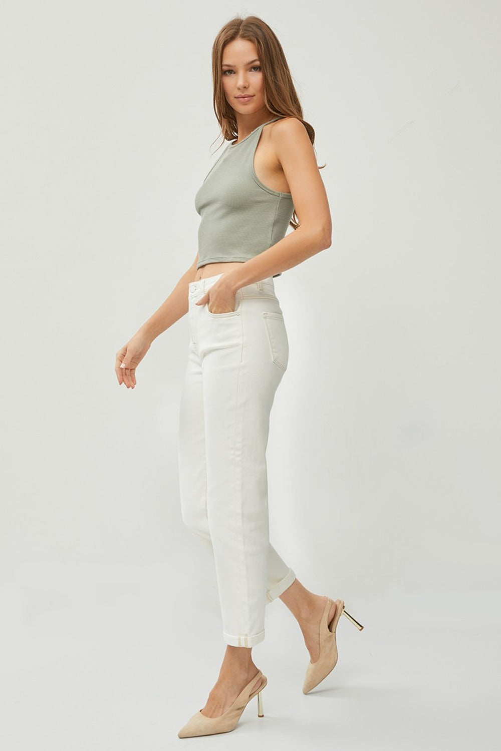 High Waist Rolled Hem Straight Jeans