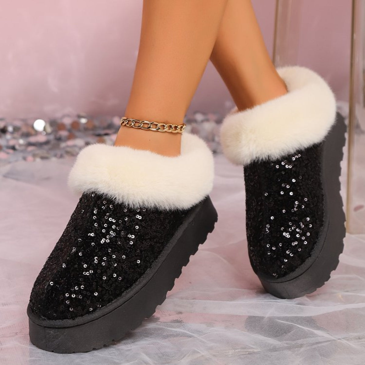 Plush Trim Sequin Platform Boots