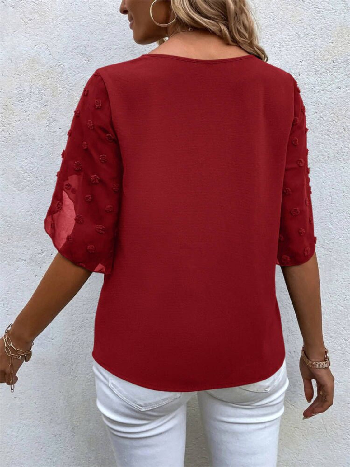 Swiss Dot Round Neck Half Sleeve Blouse