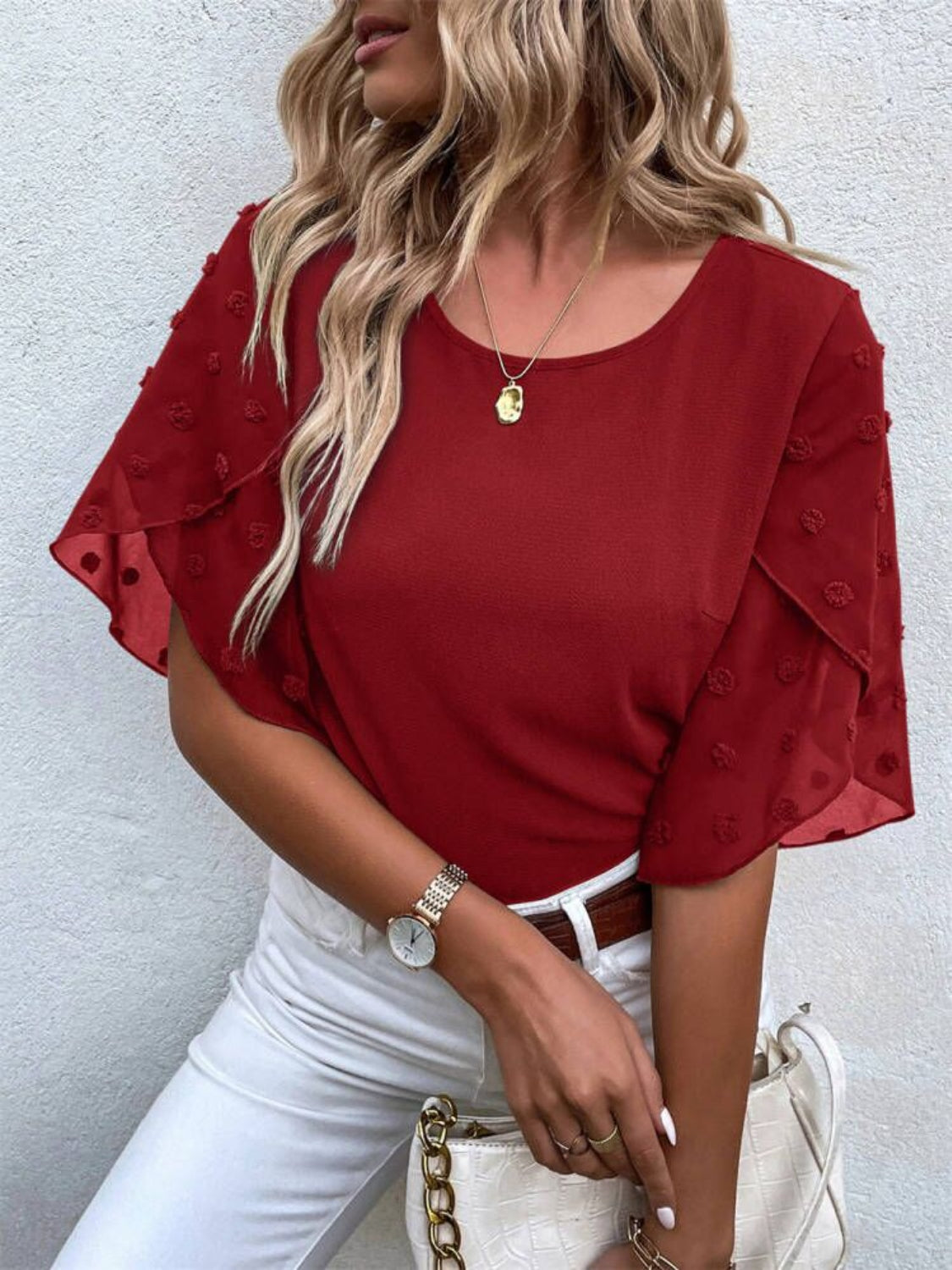 Swiss Dot Round Neck Half Sleeve Blouse