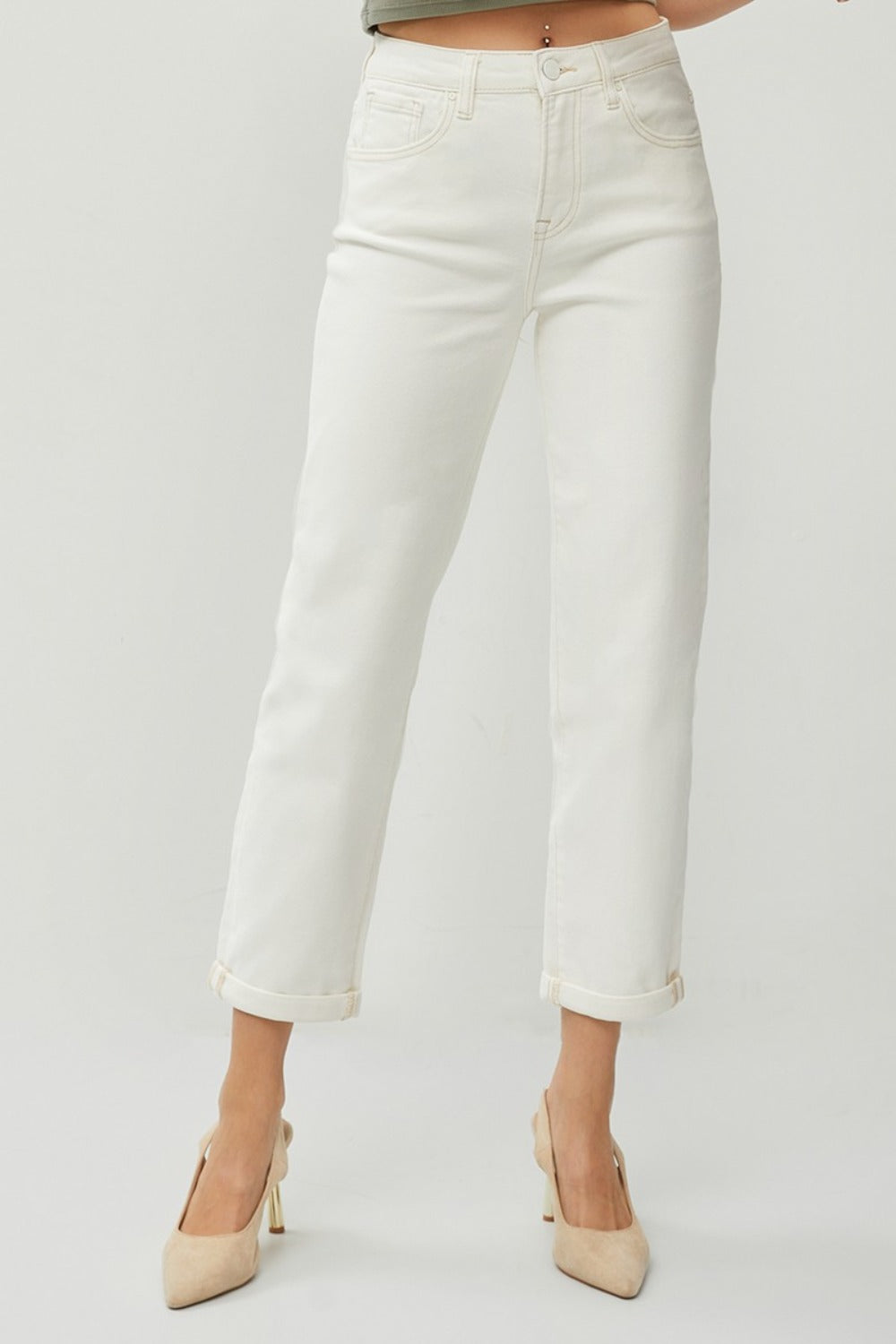 High Waist Rolled Hem Straight Jeans