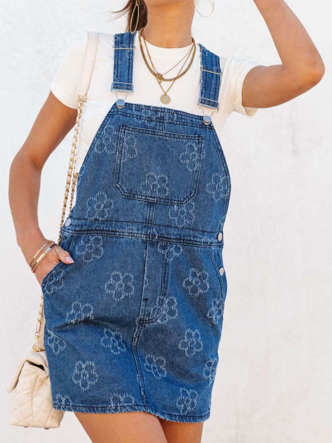 Flower Denim Overall Dress with Pockets