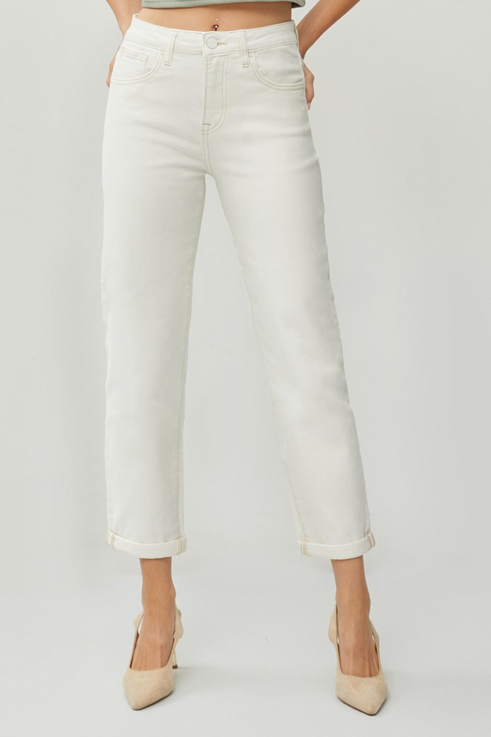 High Waist Rolled Hem Straight Jeans