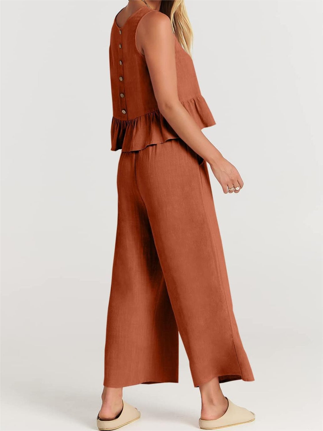 Button Back Top and Wide Leg Pants Set