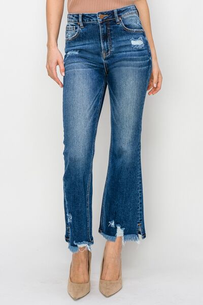 High Waist Raw Hem Dark Flare Jeans