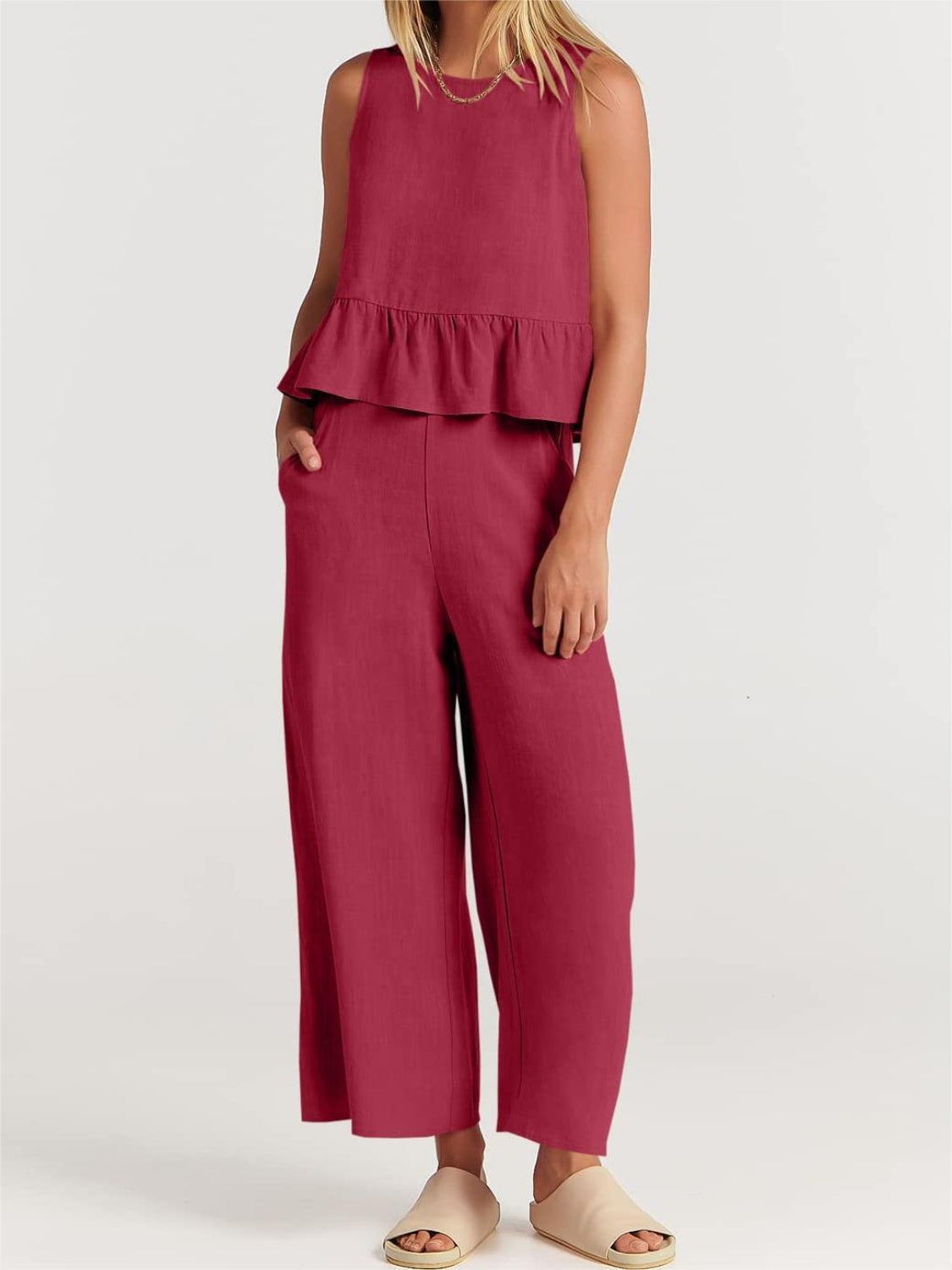 Button Back Top and Wide Leg Pants Set