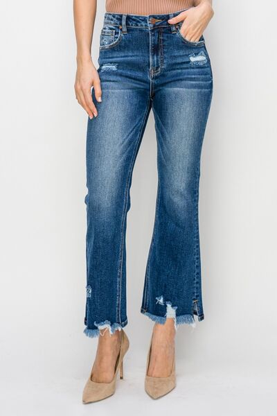 High Waist Raw Hem Dark Flare Jeans