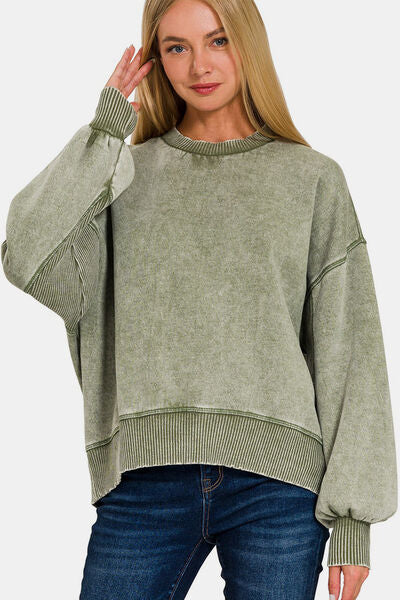 Round Neck Dropped Shoulder Lantern Sleeve Sweatshirt