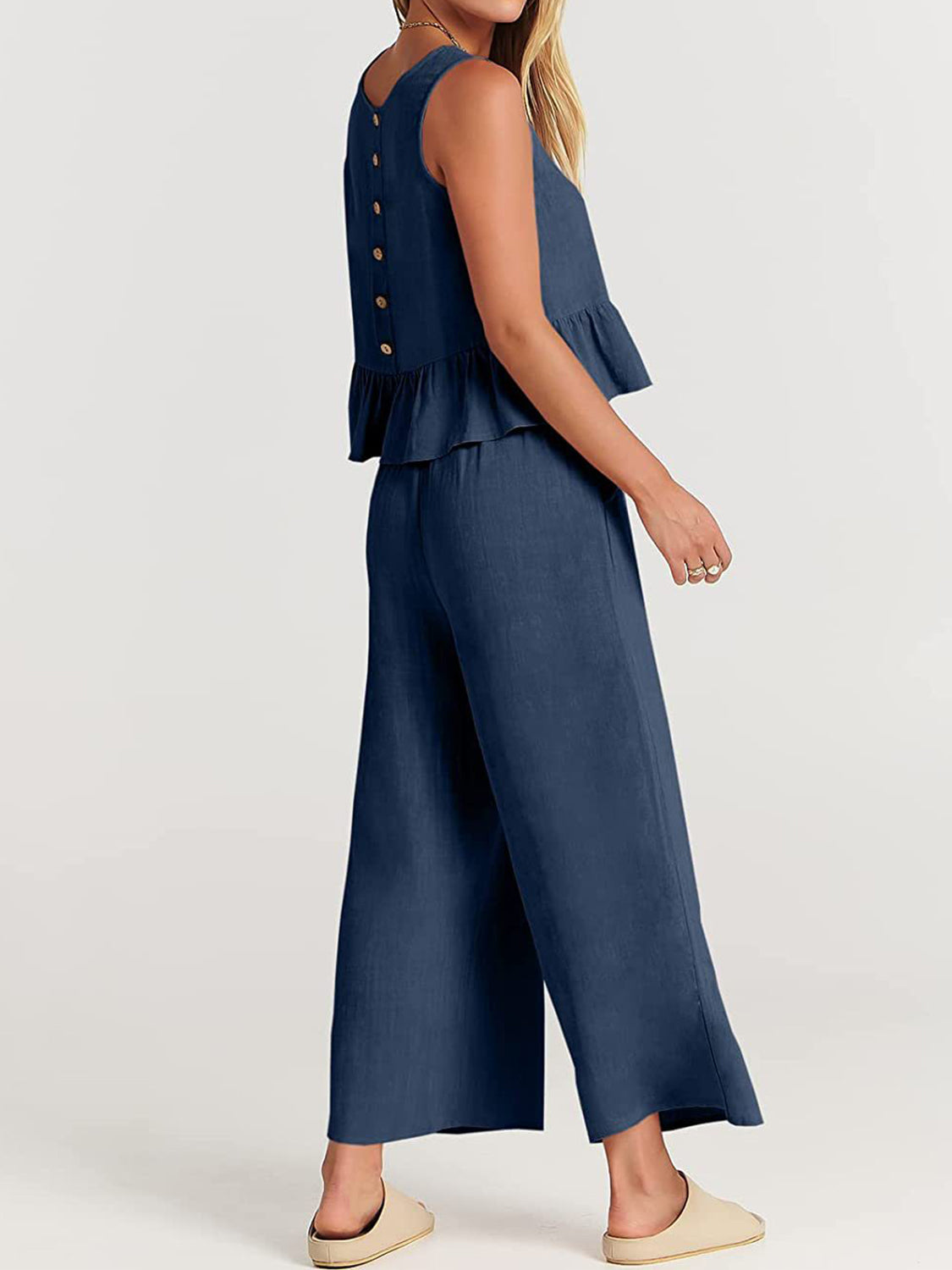 Button Back Top and Wide Leg Pants Set