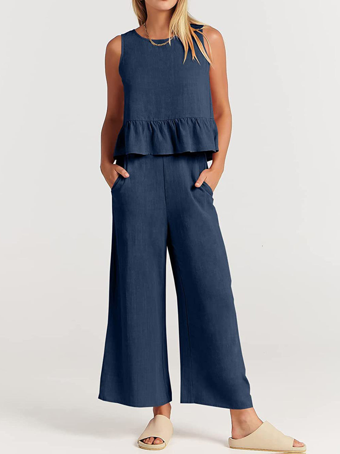 Button Back Top and Wide Leg Pants Set