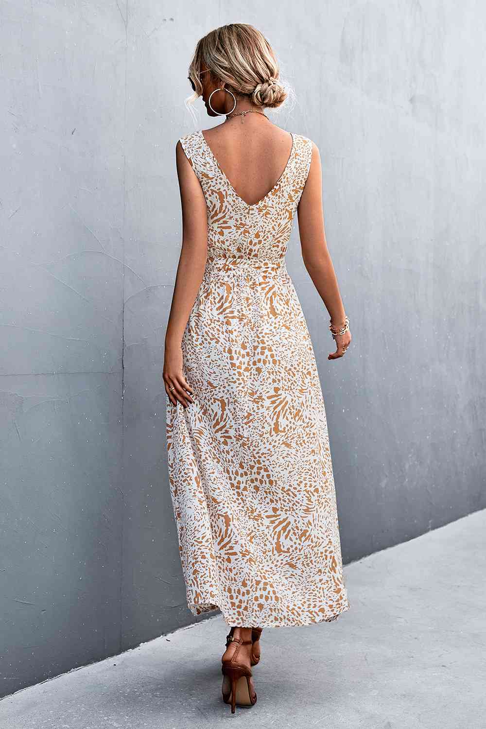 Printed V-Neck Tie Waist Maxi Dress