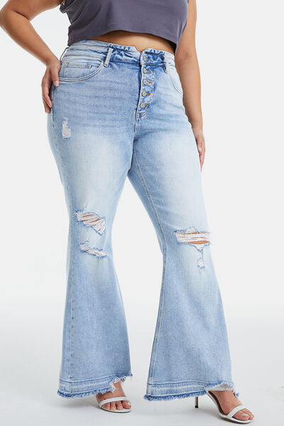 Distressed Raw Hem High Waist Flare Jeans