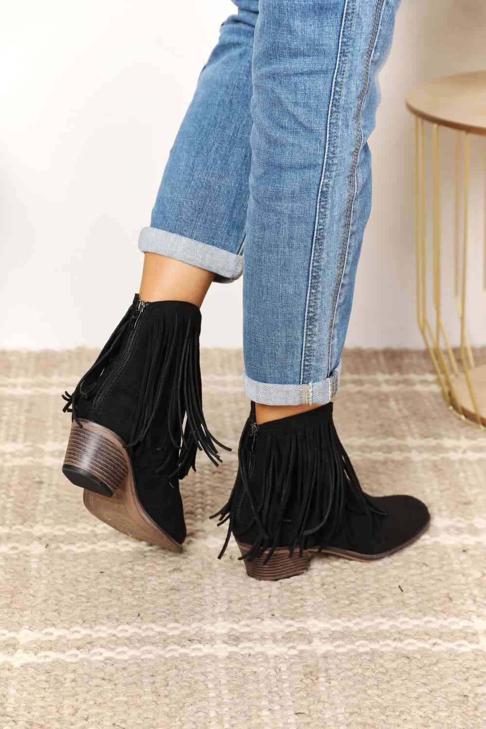 Fringe Ankle Boots in Black