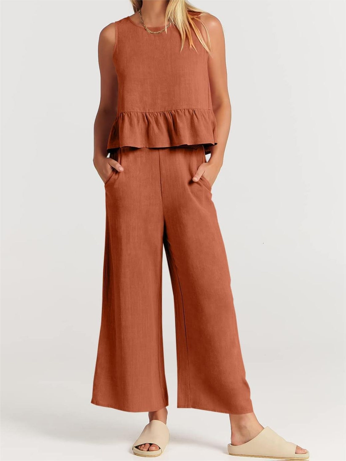 Button Back Top and Wide Leg Pants Set