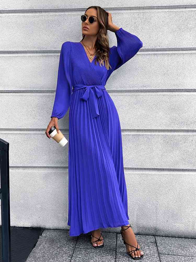 V-Neck Tie Waist Pleated Maxi Dress