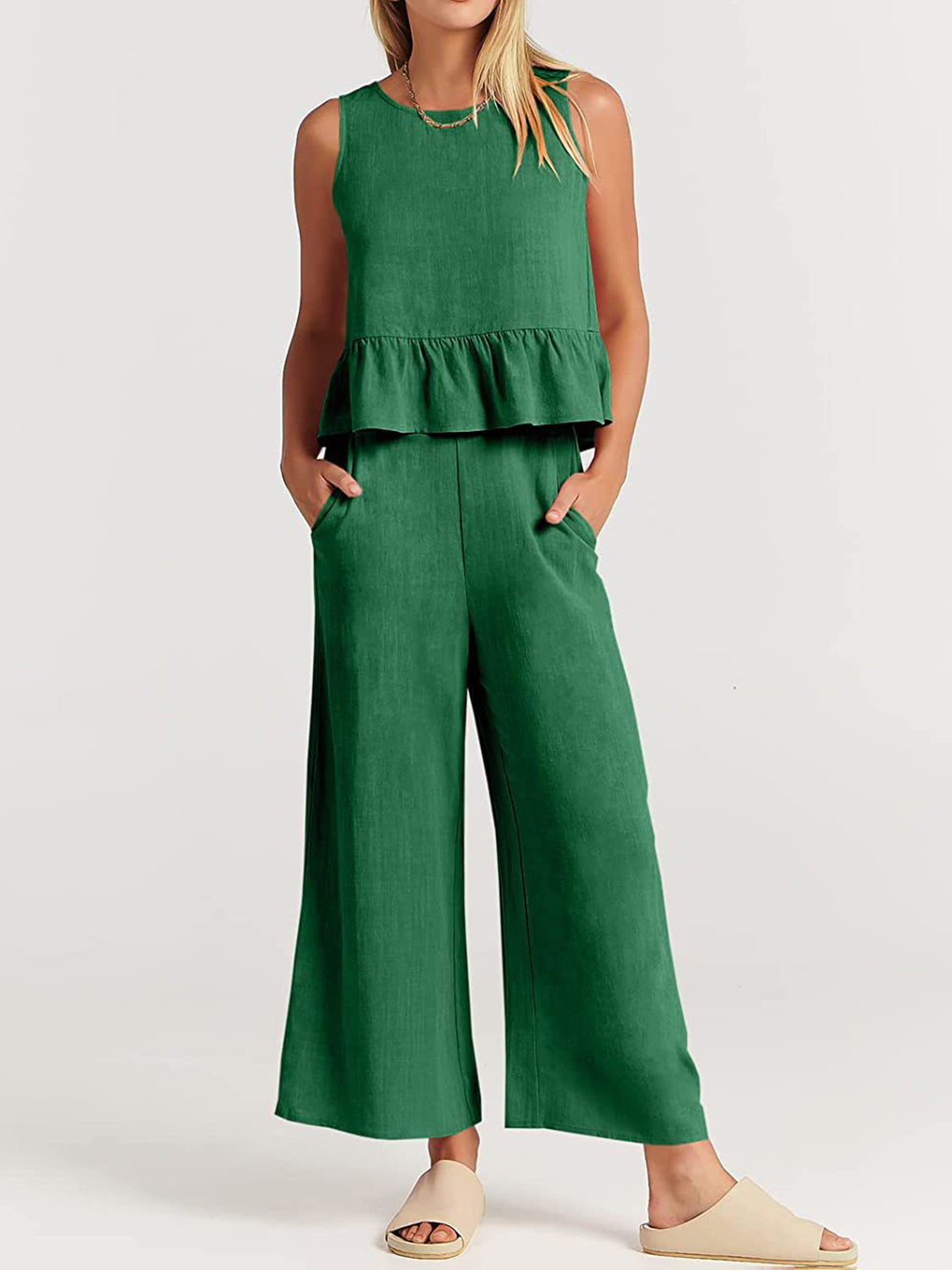 Button Back Top and Wide Leg Pants Set