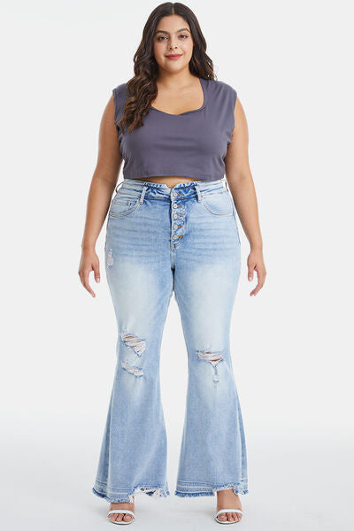 Distressed Raw Hem High Waist Flare Jeans