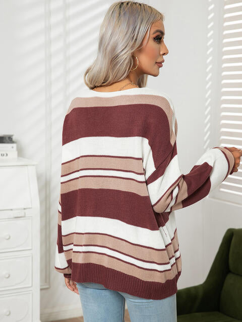 Striped V-Neck Long Sleeve Knit Top