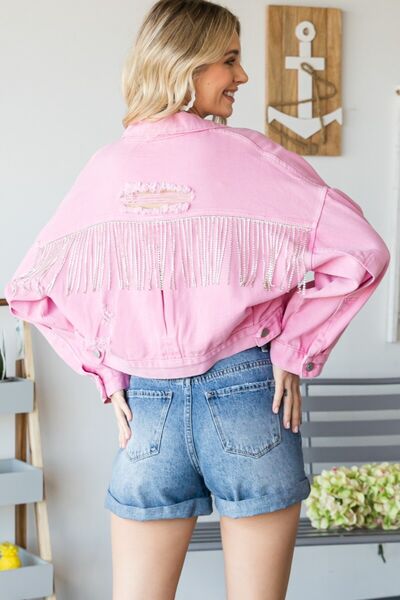 Fringe Distressed Button Up Denim Jacket