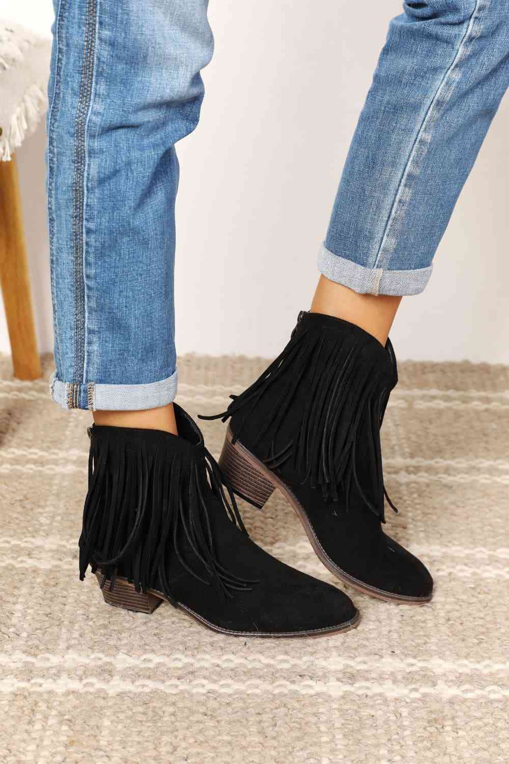 Fringe Ankle Boots in Black