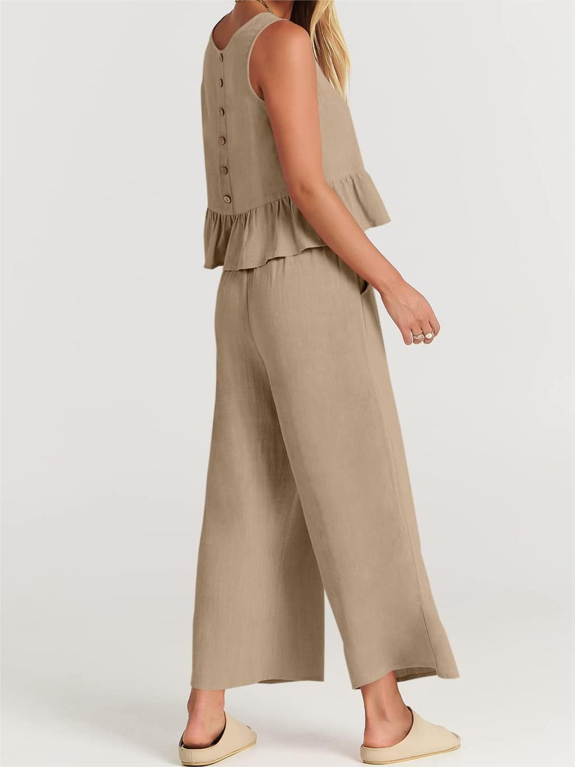 Button Back Top and Wide Leg Pants Set