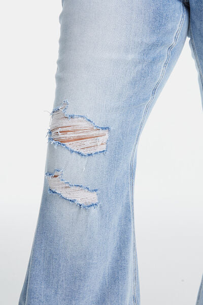 Distressed Raw Hem High Waist Flare Jeans