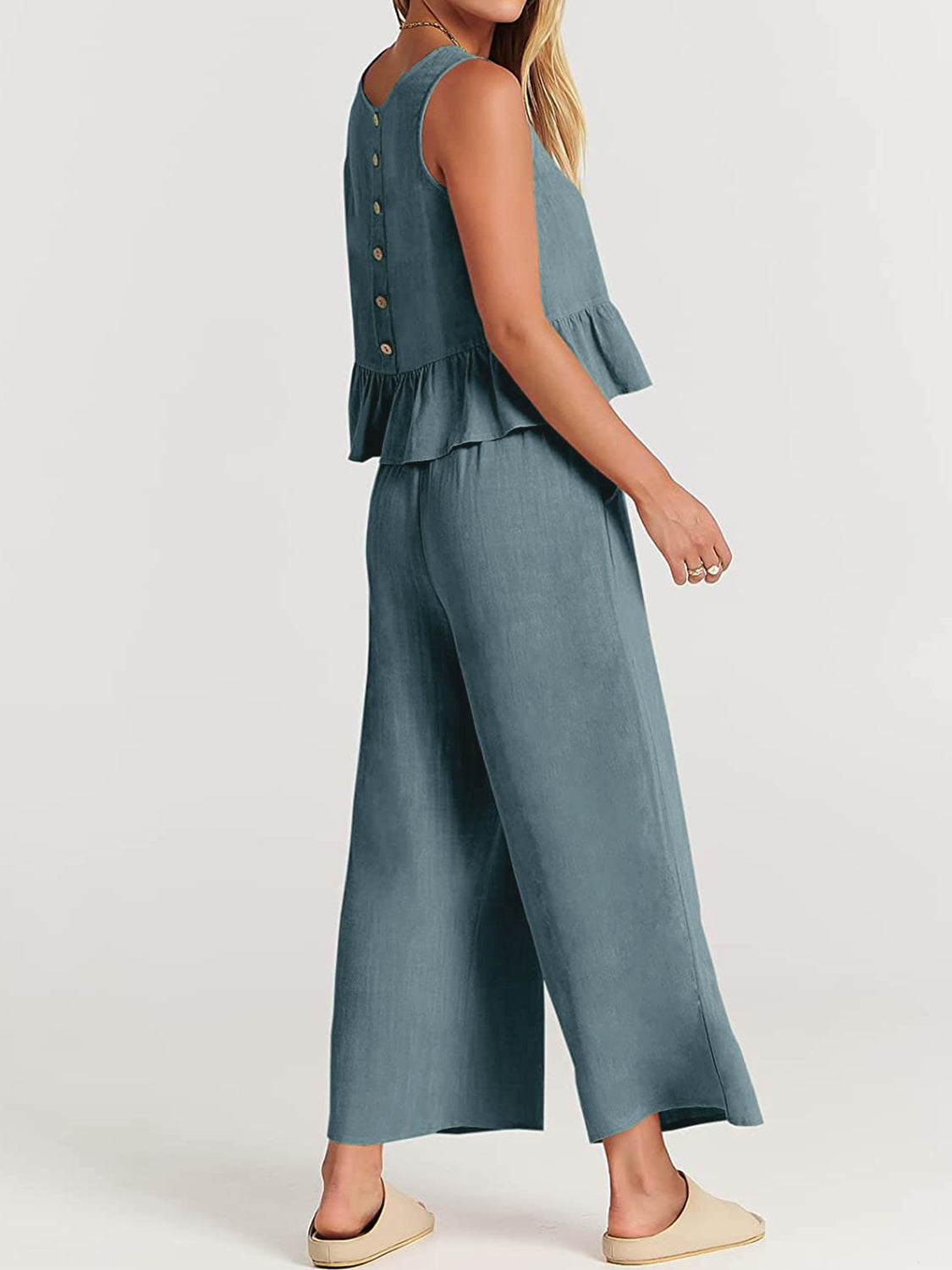 Button Back Top and Wide Leg Pants Set