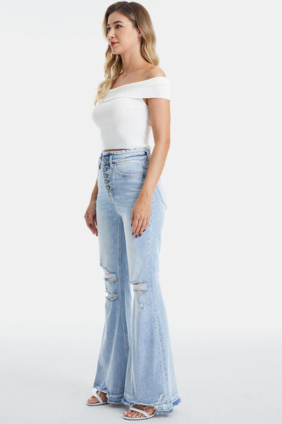 Distressed Raw Hem High Waist Flare Jeans