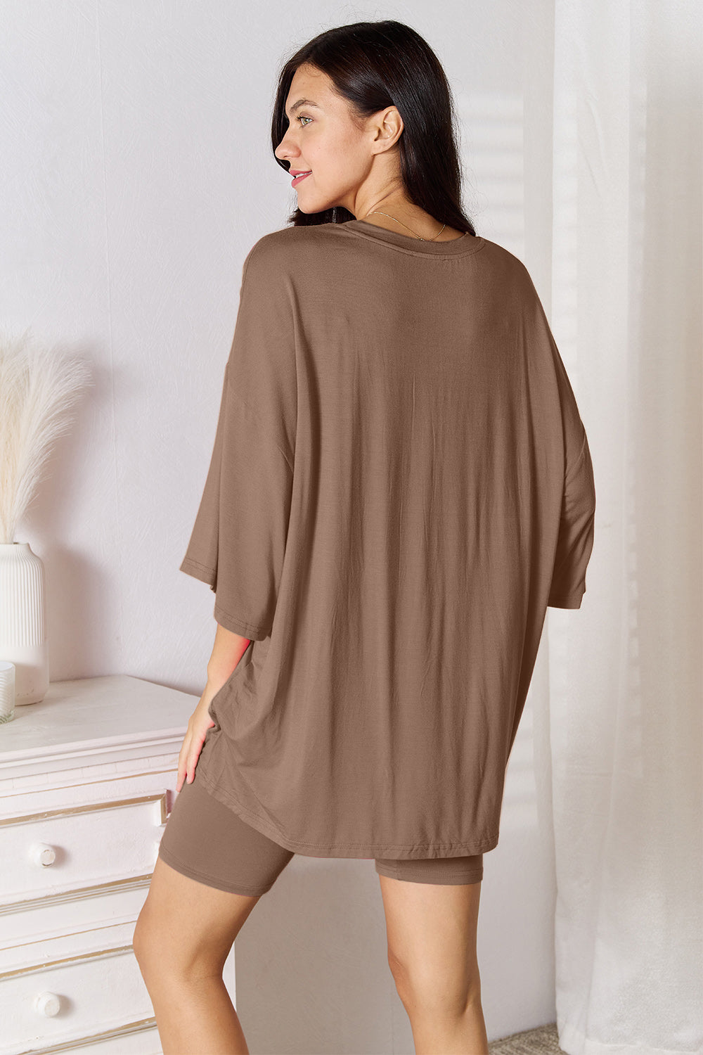 Basic Full Size Rayon Three-Quarter Sleeve Top and Shorts Set