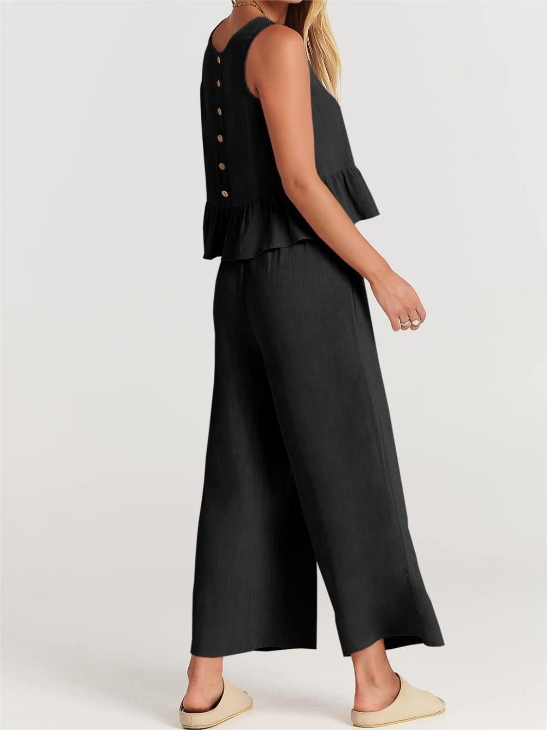 Button Back Top and Wide Leg Pants Set