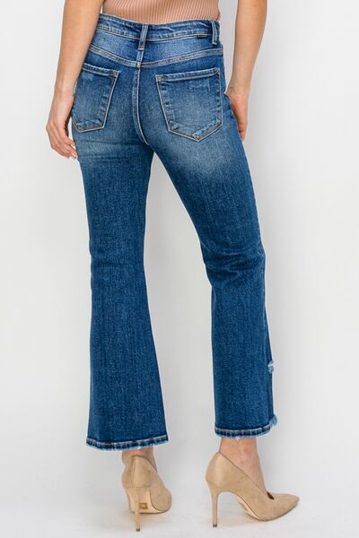 High Waist Raw Hem Dark Flare Jeans