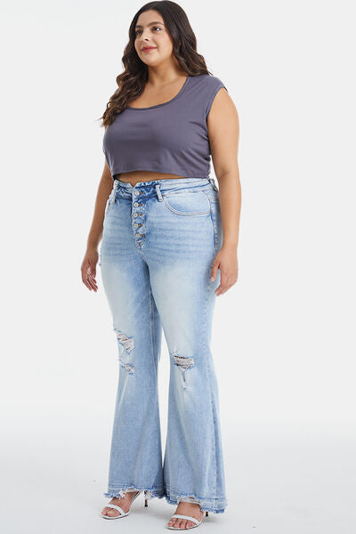 Distressed Raw Hem High Waist Flare Jeans