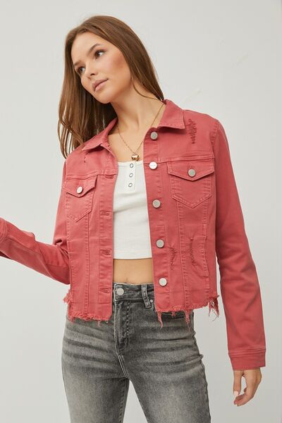 Raw Hem Button Up Cropped Denim Jacket