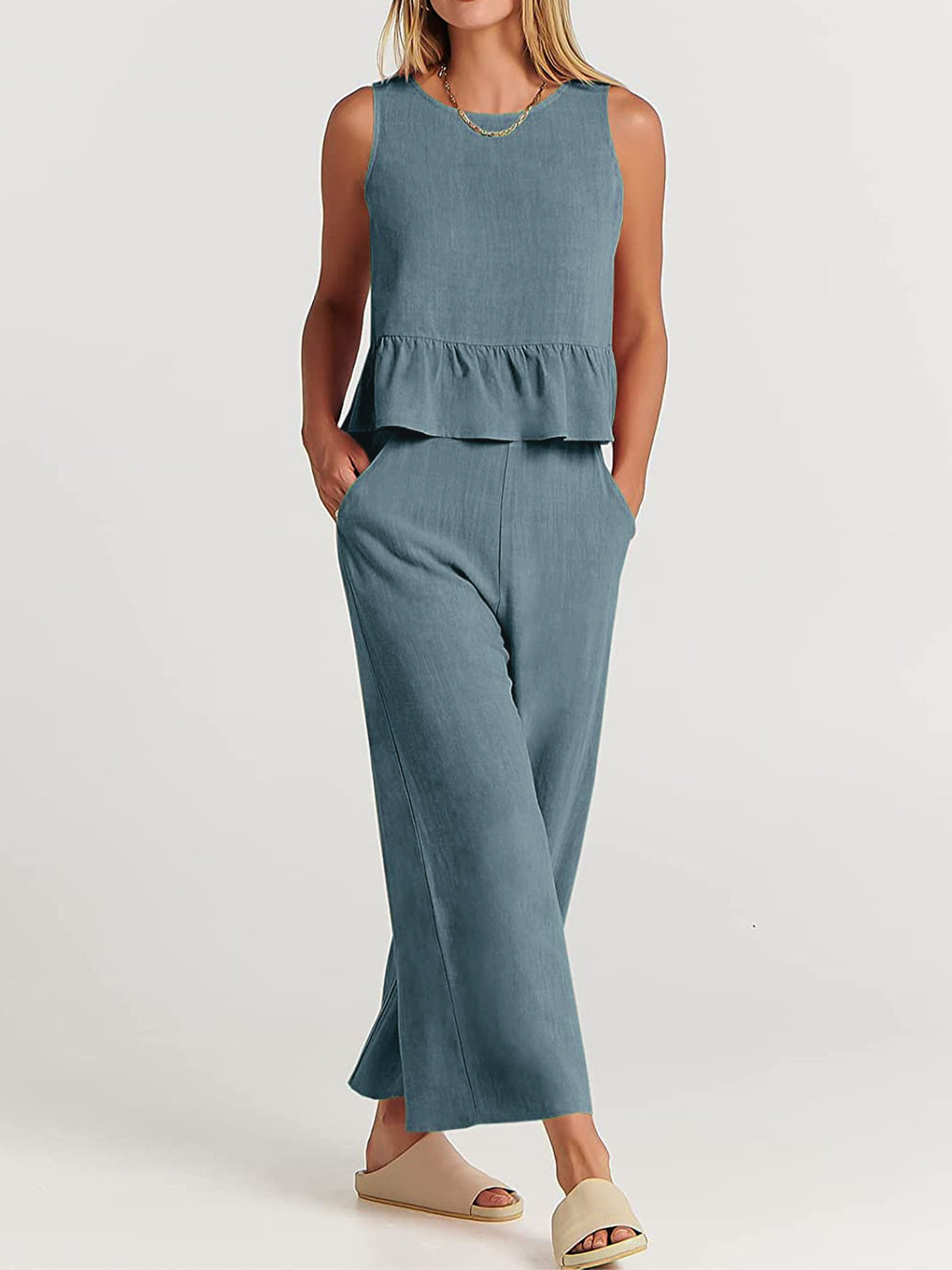 Button Back Top and Wide Leg Pants Set