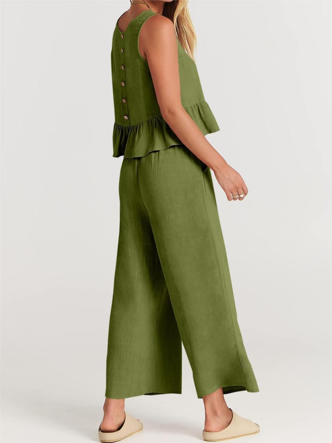 Button Back Top and Wide Leg Pants Set