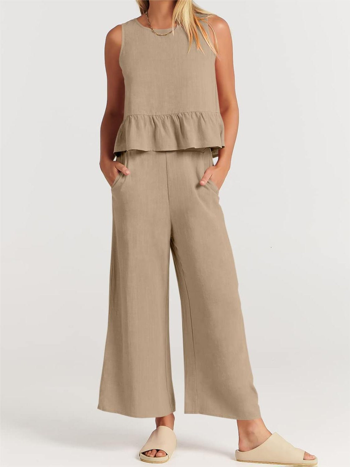 Button Back Top and Wide Leg Pants Set