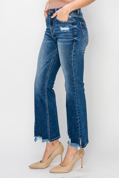 High Waist Raw Hem Dark Flare Jeans