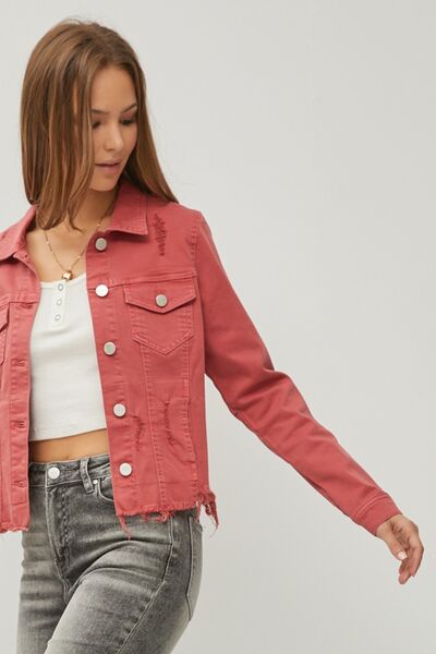 Raw Hem Button Up Cropped Denim Jacket