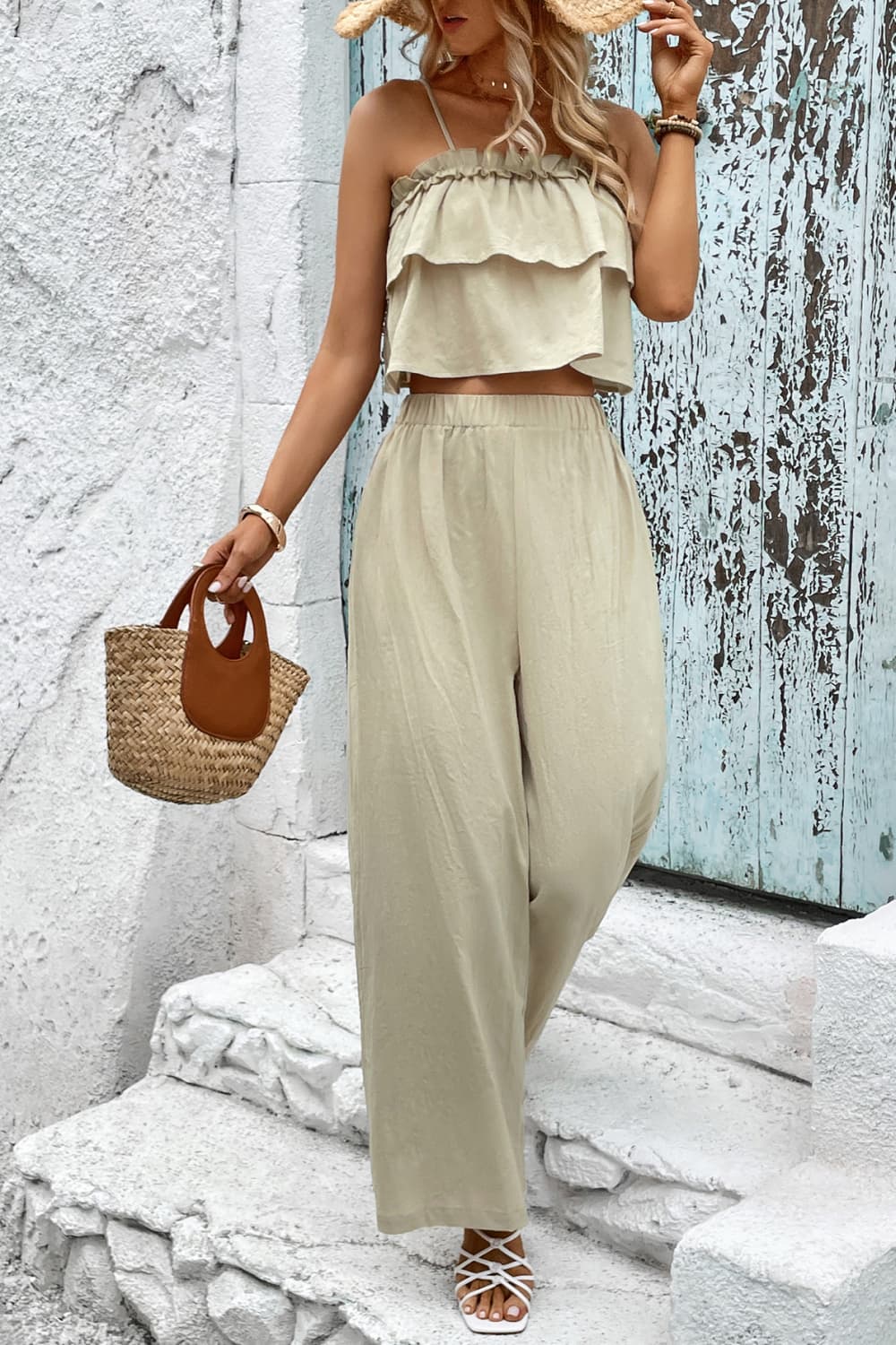 Frill Trim Wide Leg Pants Set