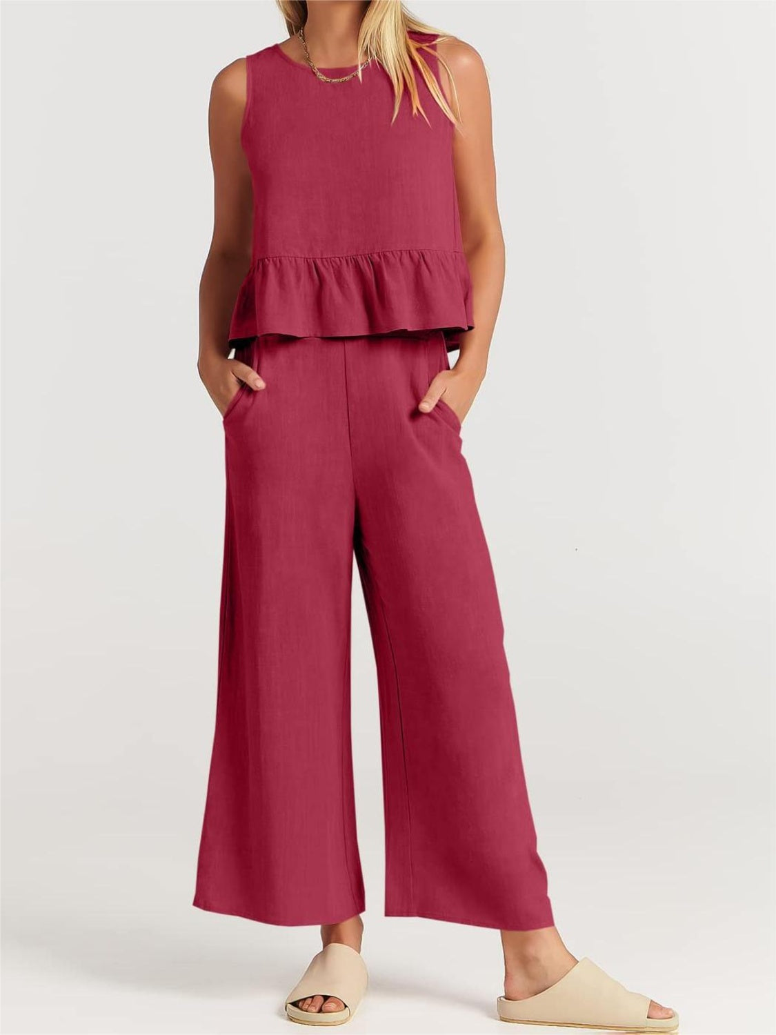 Button Back Top and Wide Leg Pants Set