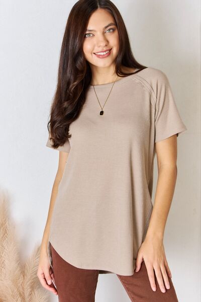 Waffle Short Sleeve Slit High-Low T-Shirt