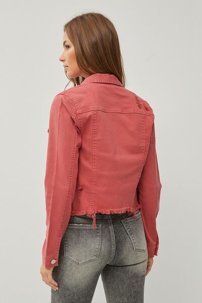 Raw Hem Button Up Cropped Denim Jacket