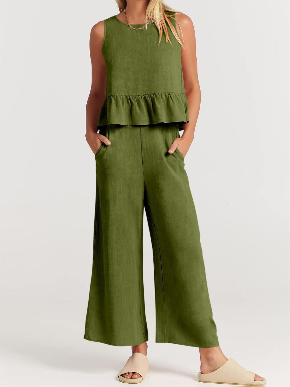 Button Back Top and Wide Leg Pants Set