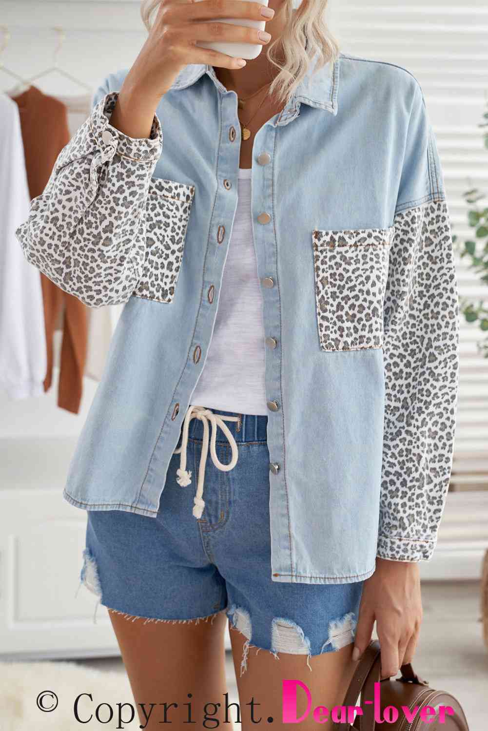 Double Take Leopard Contrast Denim Top