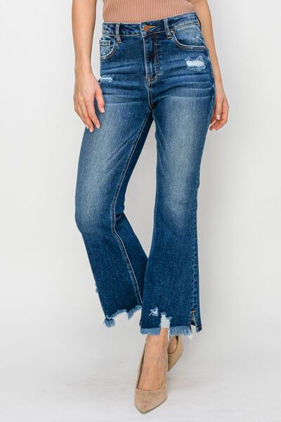 High Waist Raw Hem Dark Flare Jeans