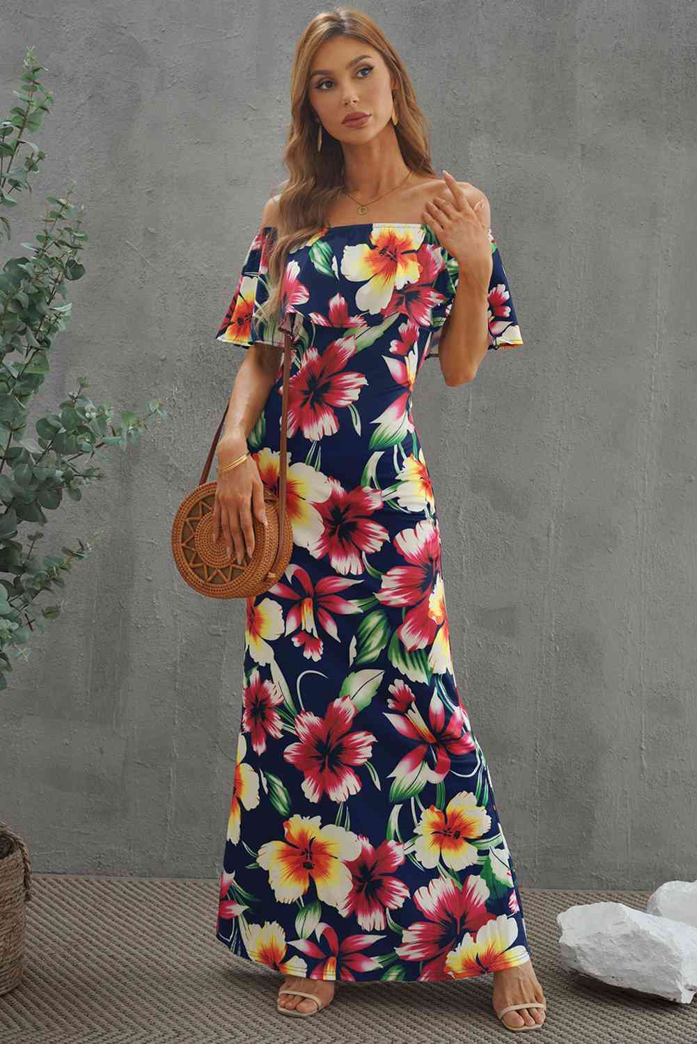 Floral Layered Off-Shoulder Maxi Dress