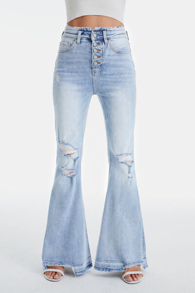 Distressed Raw Hem High Waist Flare Jeans