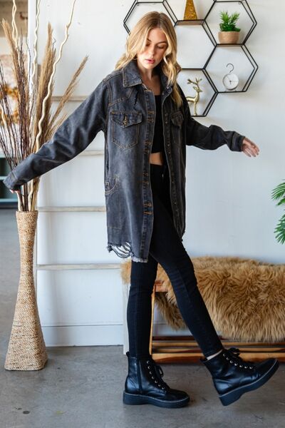 Button Up Distressed Frayed Hem Denim Jacket