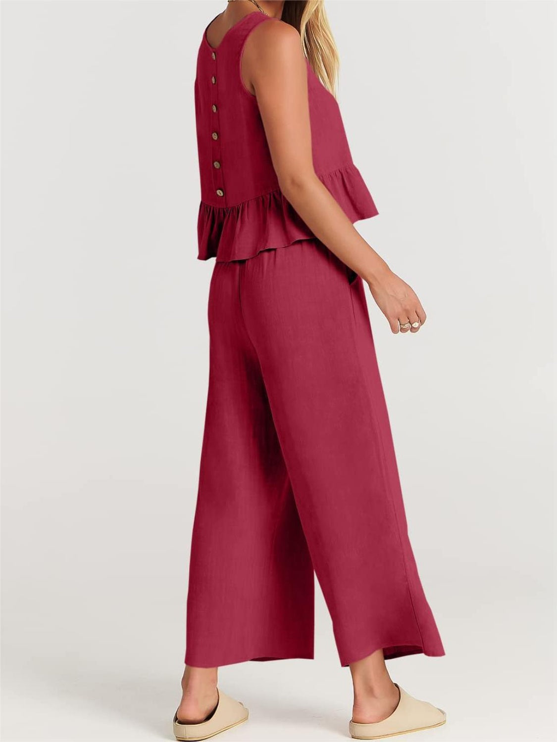 Button Back Top and Wide Leg Pants Set